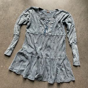 Free People Jolene Thermal Waffle Knit Tiered Mini Dress in Mineral Wash Blue XS